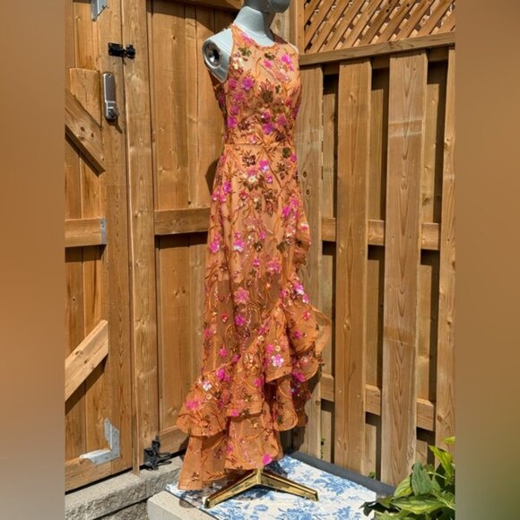 🆕 BRONX & BANCO🧿 NWOT Sicilia Coral Sequin Fluted Hem Maxi Dress, Sz XS US2 - Picture 10 of 15